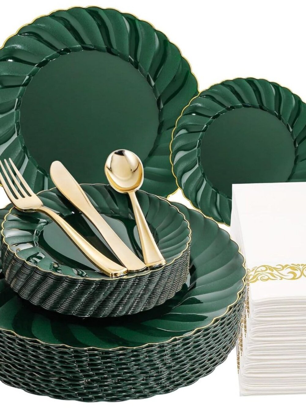 150PCS Emerald Green Plastic Plates - Green and Gold Disposable Dinnerware Inclu